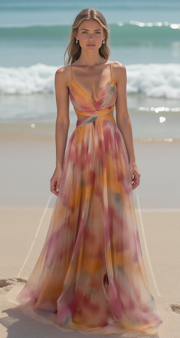 Elegante abito lungo con stampa e allacciatura raffinata per un look chic