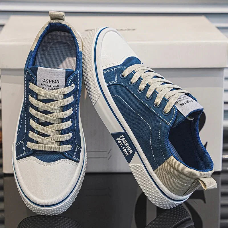 Sneakers da uomo in tela retrò - Comode scarpe basse blu e bianche