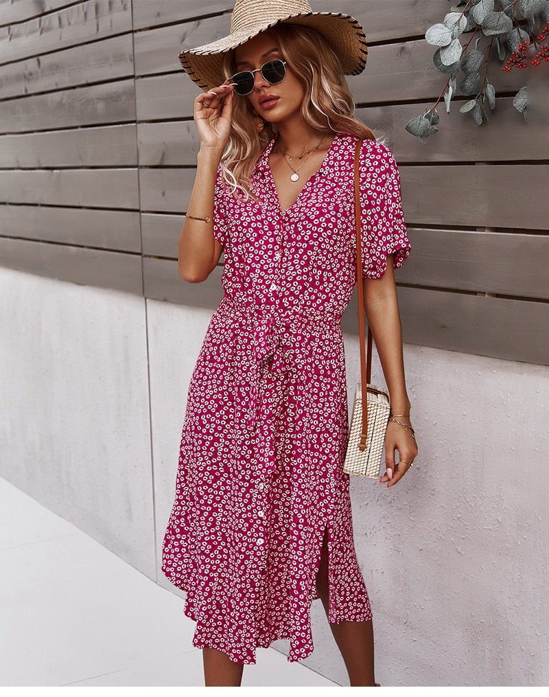 Abito estivo da donna con lacci - Abito midi casual floreale con bottoni