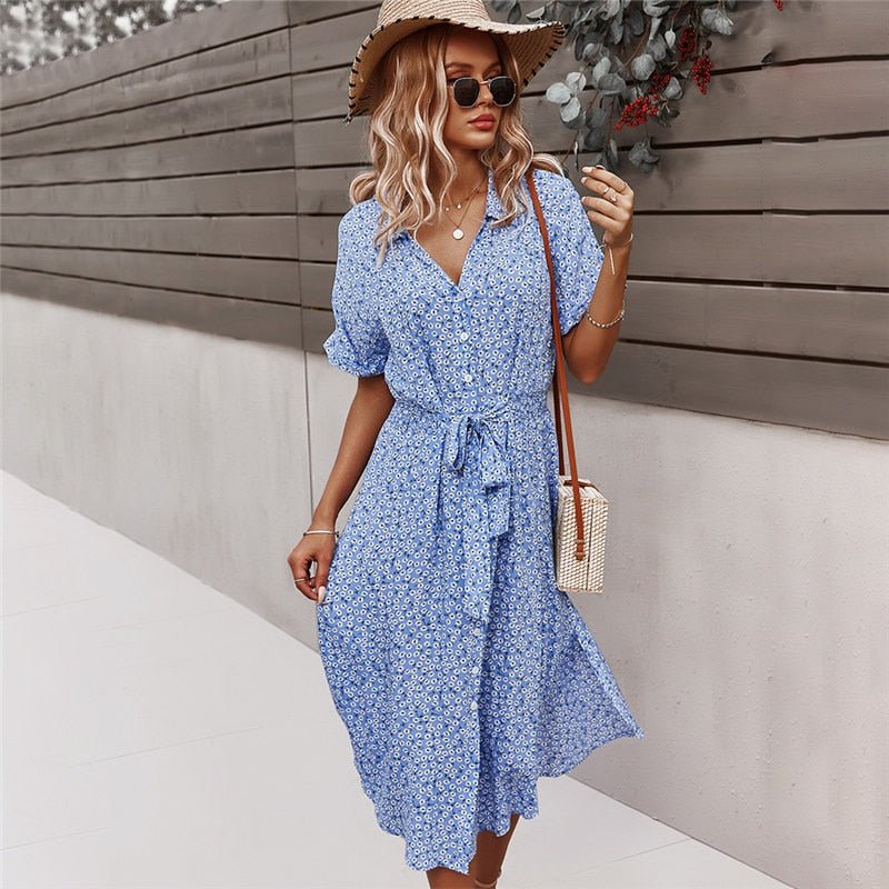 Abito estivo da donna con lacci - Abito midi casual floreale con bottoni