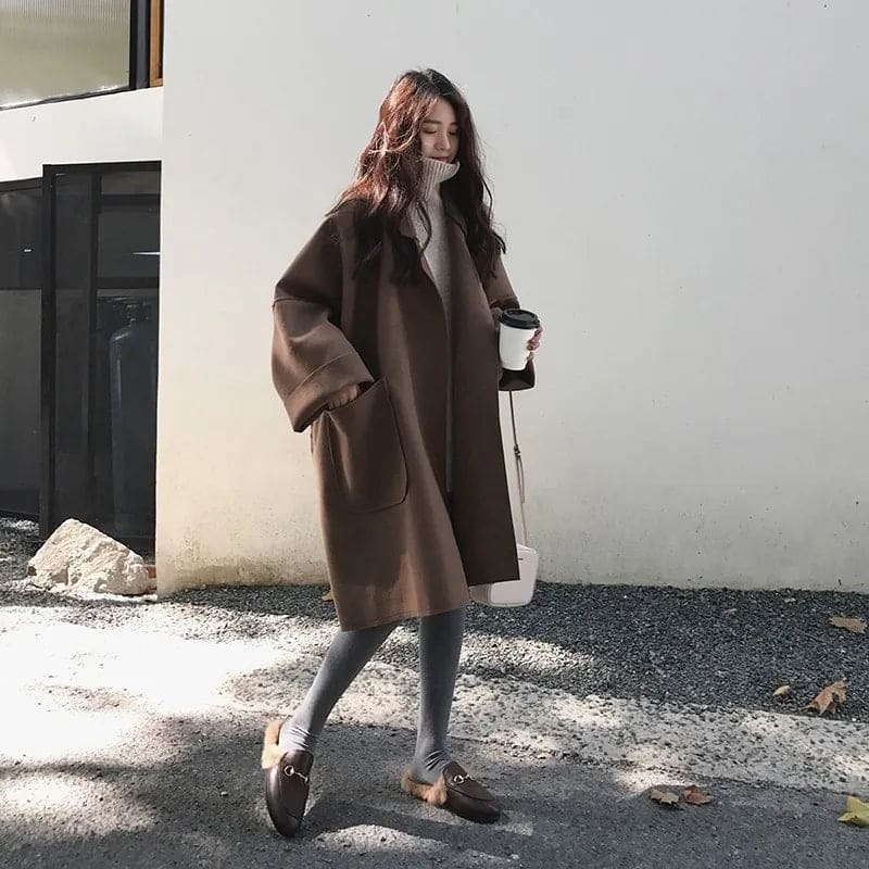 Cappotto lungo oversize in lana da donna - Elegante trench doppiopetto