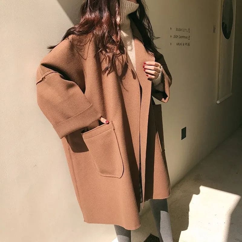 Cappotto lungo oversize in lana da donna - Elegante trench doppiopetto