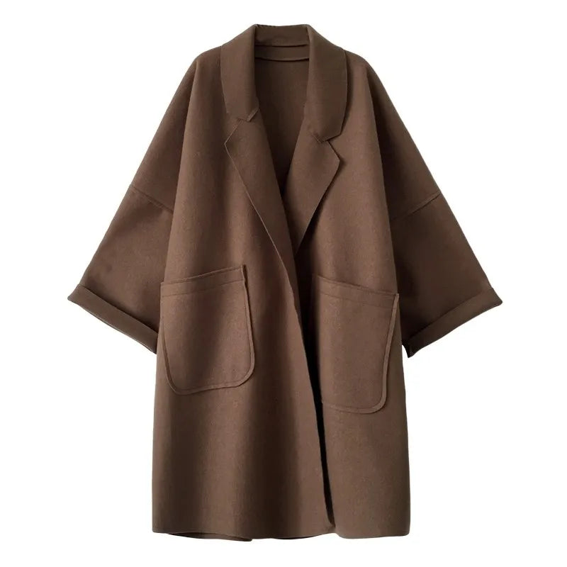 Cappotto lungo oversize in lana da donna - Elegante trench doppiopetto