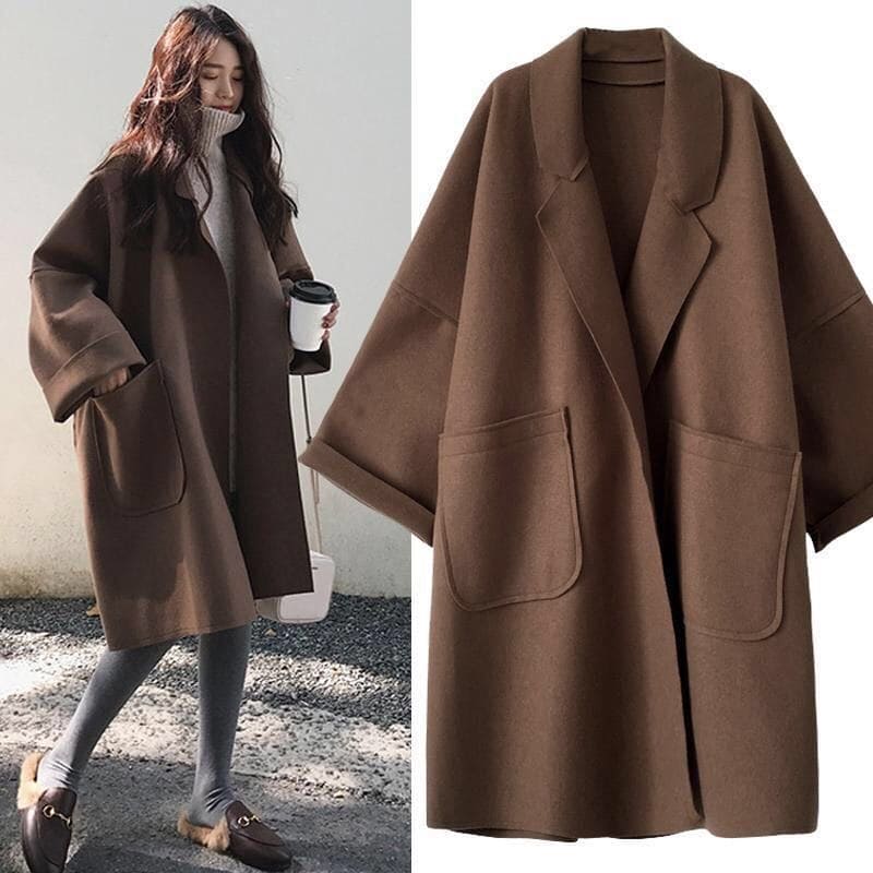 Cappotto lungo oversize in lana da donna - Elegante trench doppiopetto