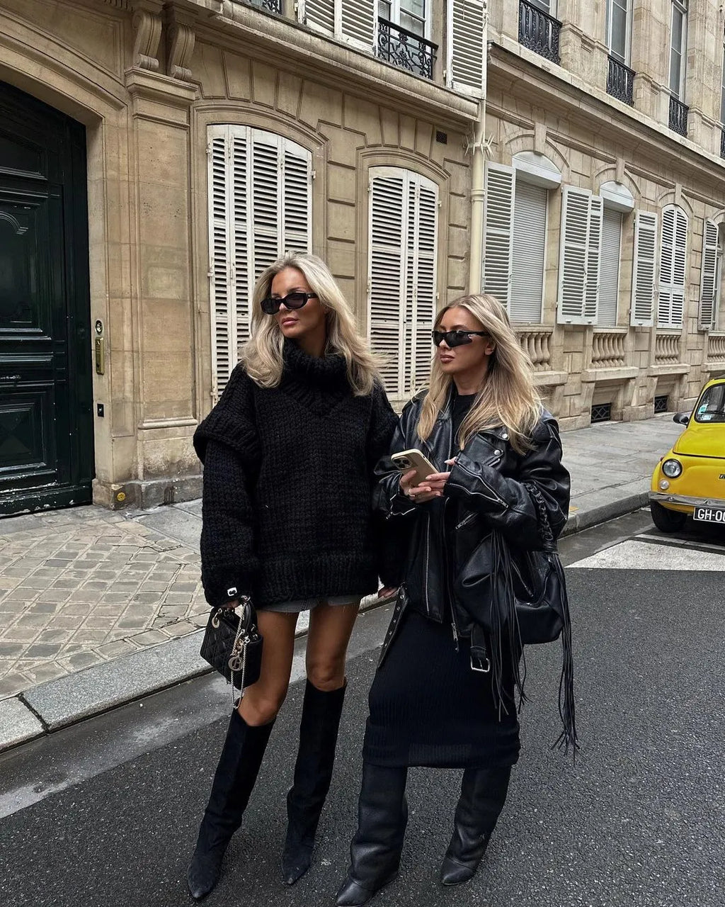 Tykt højhalset damepullover – Oversized strikket pullover med pufærmer