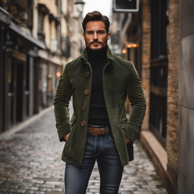Cappotto corto da uomo in velluto a coste slim fit con collo alto