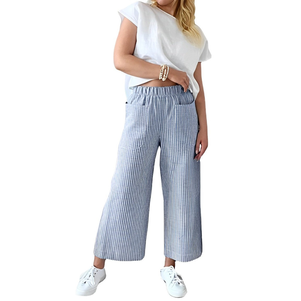Pantaloni da donna in cotone a righe dalla vestibilità comoda – Pantaloni casual per tutti i giorni