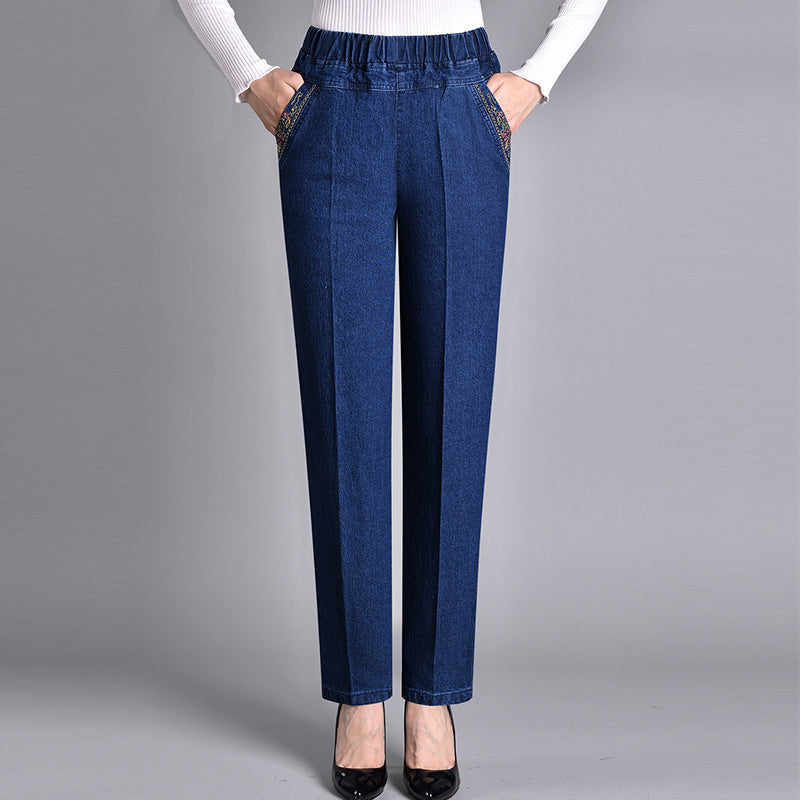 Pantaloni da donna in denim a vita alta con tasche – Jeans a gamba dritta