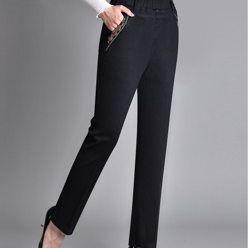 Jeans dritti alla moda per donna - Pantaloni in denim con elastico in vita e tasche