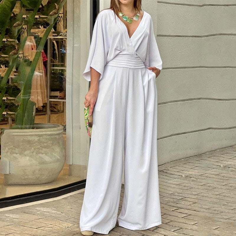 Tuta Nera Lunga Donna Con Scollo A V – Eleganza Gamba Larga
