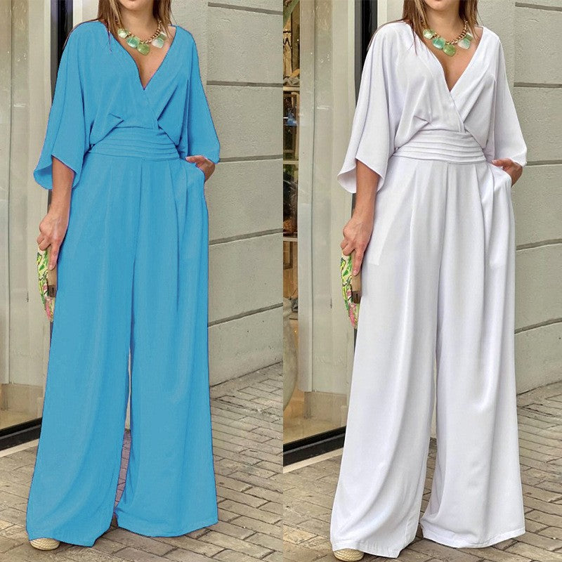 Tuta Nera Lunga Donna Con Scollo A V – Eleganza Gamba Larga