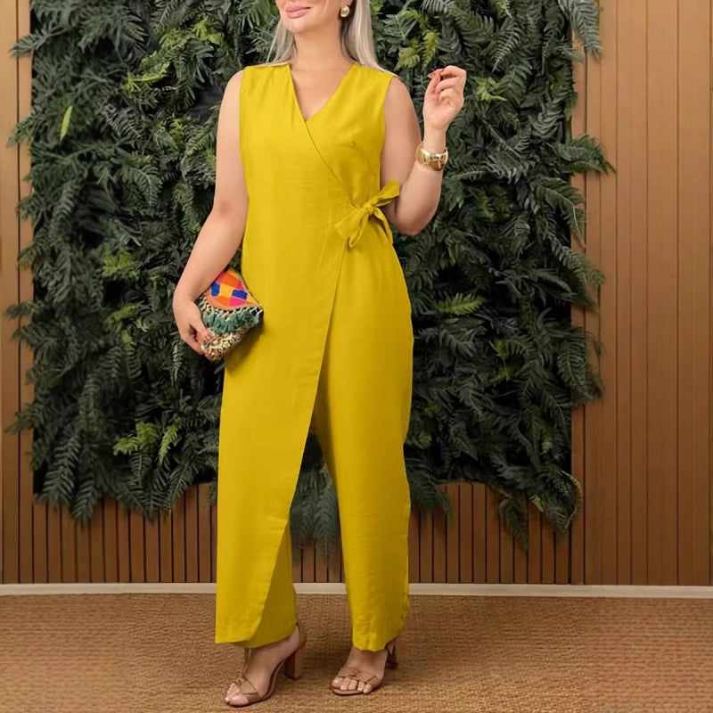 Tuta intera estiva donna senza maniche – jumpsuit con cintura elegante