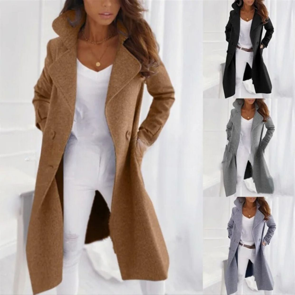 Elegante cappotto lungo da donna con colletto rovesciato