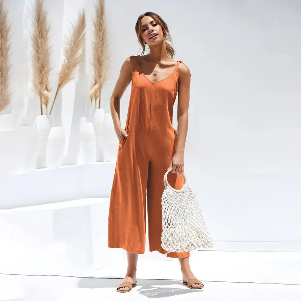 Tuta estiva midi da donna – Tuta di lusso senza maniche con scollo a V