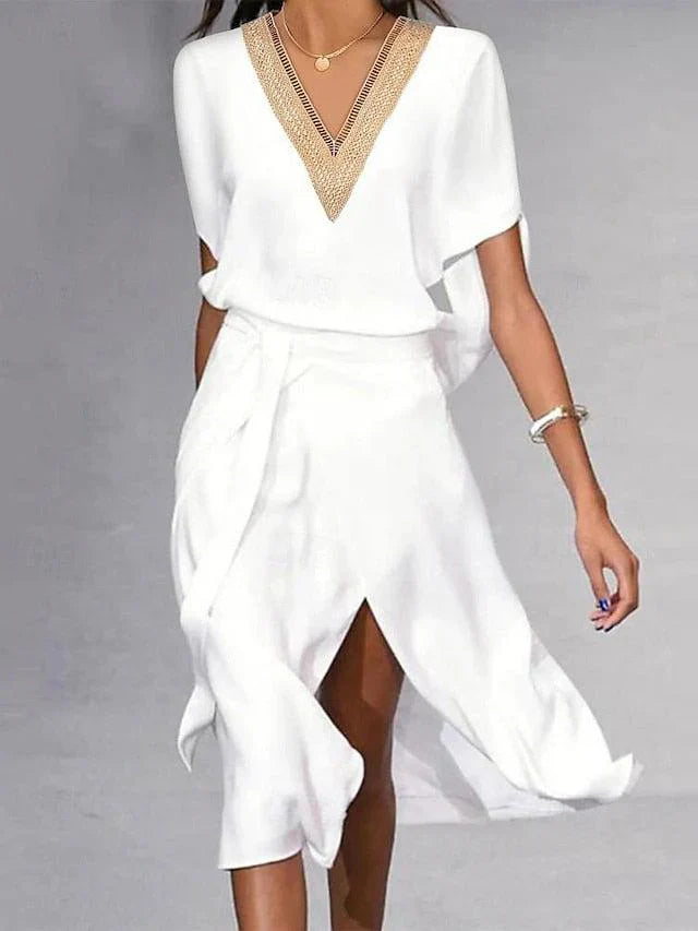 Abito midi moderno bianco con scollo a V da donna