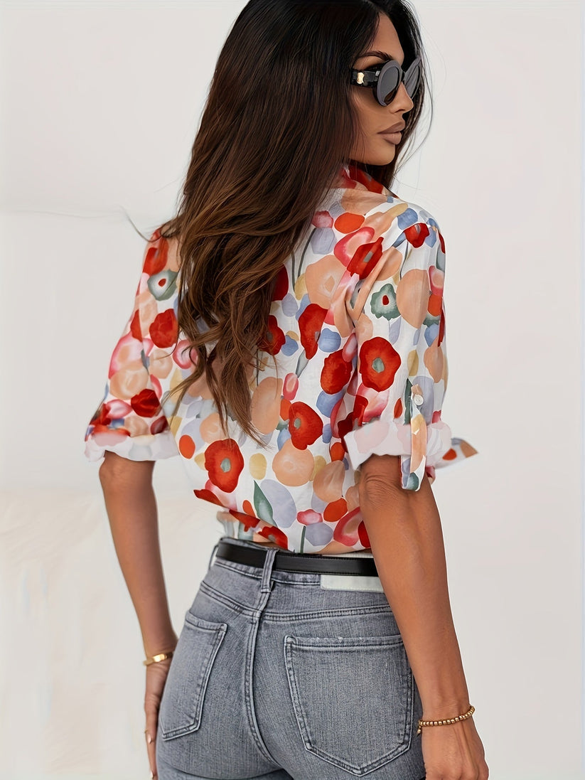 Camicia a maniche lunghe elegante e colorata con stampa floreale da donna - Blusa leggera casual chic