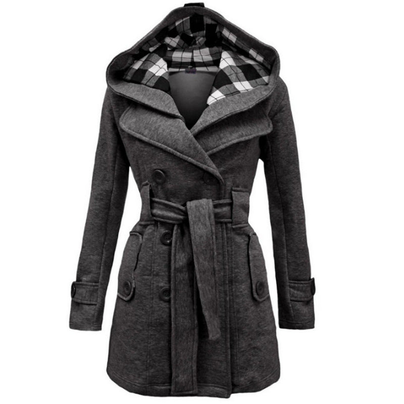 Cappotto di lana con cappuccio di lusso da donna - Cappotto invernale con cintura